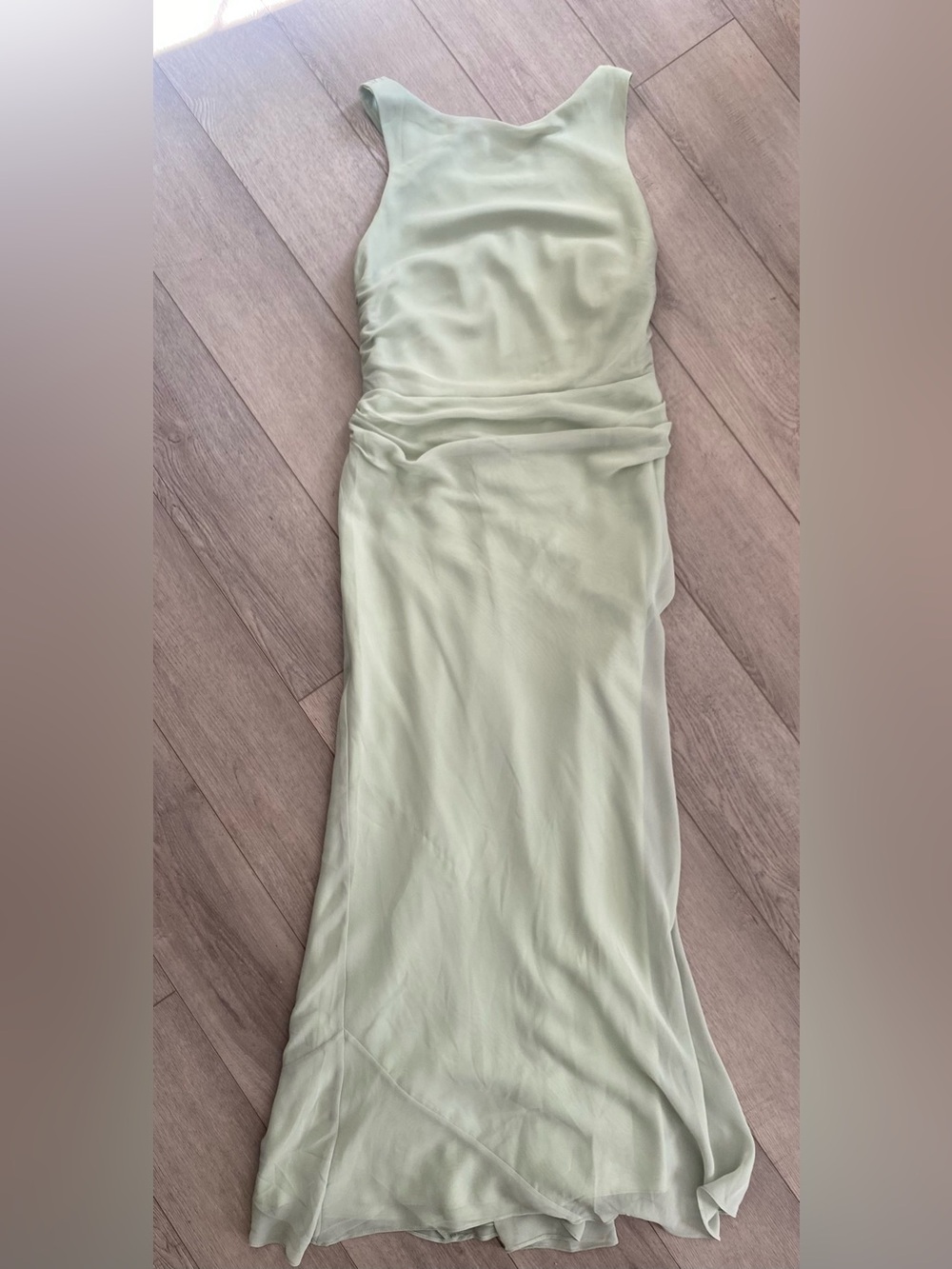 Azazie Evadne Dusty Sage Sheath Pleated Chiffon Dress- Size 12